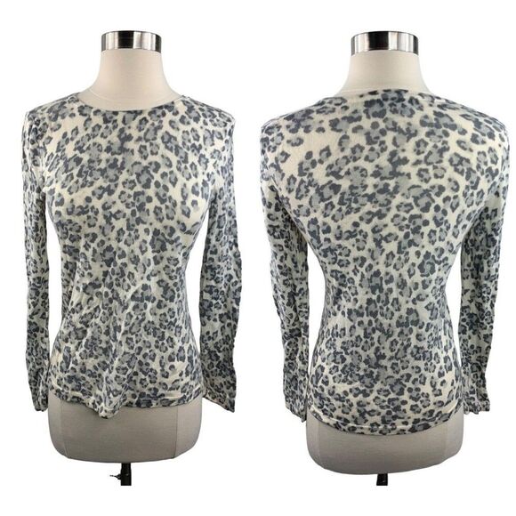 Lord Taylor Women Extra Fine pure Merino Wool Sweater Gray White Sz S P Cheetah - Picture 1 of 10